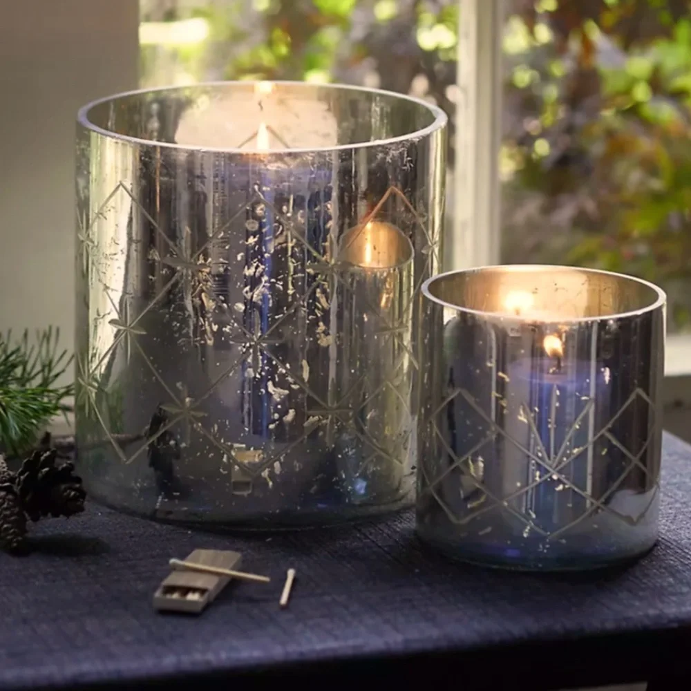 Set Mercury Glass Diamond Etched Set 2 hurricane candle holders